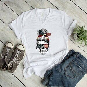 Patriotic Skull Fourth of July Holiday V-neck Cotton Tee